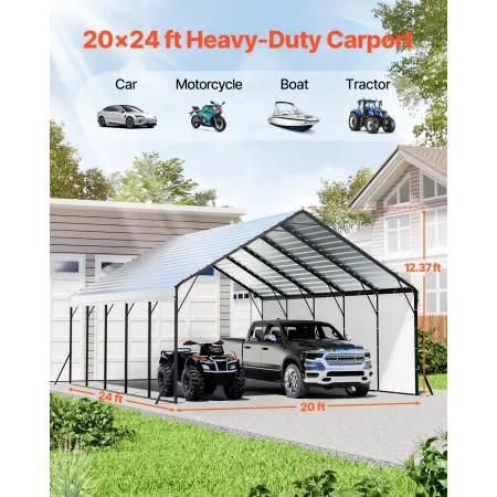 VEVOR Heavy Duty Metal Carport, 5.8 x 7.45 x 3.77 m Outdoor Carport with Sturdy Frame & Roof, Car Garage Shade with Removable Si