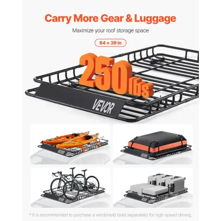 VEVOR Roof Rack Basket, 64 x 39 x 4.1 in, Universal Rooftop Cargo Carrier with 44.1 x 34.3 x 10.2 in Cargo Bag, Net, Ratchet Str