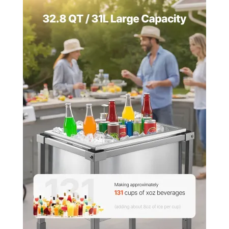 VEVOR Rolling Ice Chest Cooler Cart, 22"L x 16"W x 38"H (553 x 405 x 970 mm) Stainless Steel Cooling Bin on Wheels, 31L Outdoor 