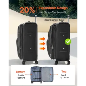 VEVOR Softside Expandable Luggage with Spinner Wheels, 24 inch / 71 cm Softside Checked Large Luggage, Lightweight Checked Suitc