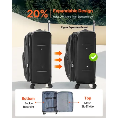 VEVOR Udvidbar Softside Bagage med Spinner Wheels, 24 tommer / 71 cm Softside Ternet Stor Bagage, Letvægts Ternet Suitc