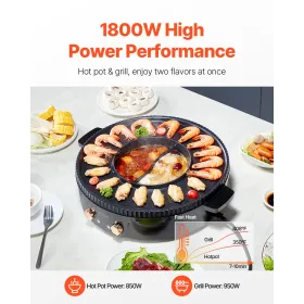VEVOR Hot Pot with Grill, 1800W 2-in-1 Electric Smokeless Grill and Hot Pot, Korean BBQ Shabu Shabu Hotpot with Separate Dual Te