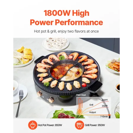 VEVOR Hot Pot with Grill, 1800W 2-in-1 Electric Smokeless Grill and Hot Pot, Korean BBQ Shabu Shabu Hotpot with Separate Dual Te