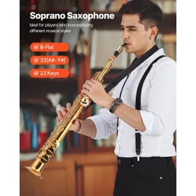 Straight Soprano Saxophone, B Flat, Brass Saxophone Beginner Kit with Carrying Case, Mouthpiece, Cleaning Cloth Rod, Gloves, Nec