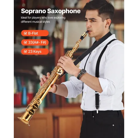VEVOR Straight Soprano Saxophone, B Flat, Brass Saxophone Beginner Kit with Carrying Case, Mouthpiece, Cleaning Cloth Rod, Glove