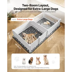 VEVOR Dogs Whelping Box, 93.3x48.4x18.1 inch, Plastic PVC Puppies Playpen with Height Adjustable Door and Washable Pee Pad, 2-Ro