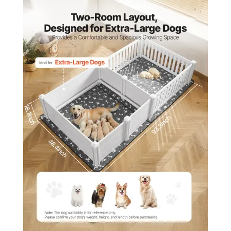 VEVOR Dogs Whelping Box, 93,3x48,4x18,1 tommer, PVC-hvalpekravlegård i plast med højdejusterbar dør og vaskbar tissepude, 2-Ro