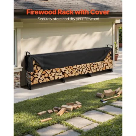 3.9m Outdoor Firewood Rack with Cover, 386 cm x 36 cm x 117 cm, Heavy Duty Firewood Holder & 600D Oxford Waterproof Cover for Fi