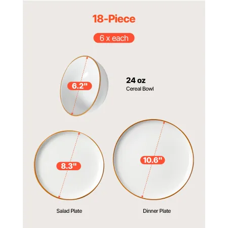 Dinnerware Set, Service for 6 People, Round Plates and Bowls Sets, Scratch Resistant Ceramic Dinner Ware, Dishwasher and Microwa