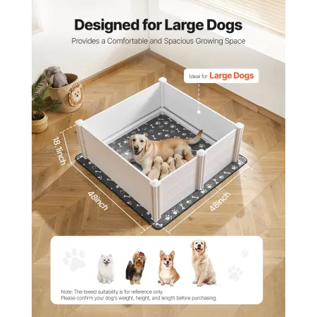 VEVOR Dogs Whelping Box, 48 x 48 x 18,1 tommer, PVC-hvalpekravlegård i plast med højdejusterbar dør og vaskbar tissepude, anti