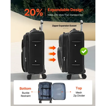 VEVOR Softside Expandable Luggage with Spinner Wheels, 20 inch / 50.8 cm Softside Carry on Luggage, Lightweight Checked Suitcase