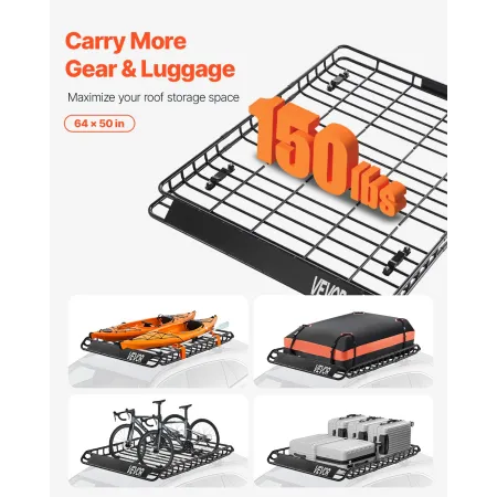 VEVOR Roof Rack Basket, 64 x 50 x 4.1 in, Universal Rooftop Cargo Carrier with Two 35.4 x 39.4 in Cargo Net,150 lbs Max Car Top 