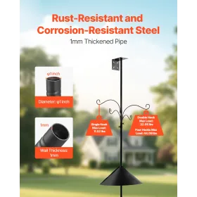 4-Hook Wild Bird Feeder Stand Pole, 2370 mm Bird Feeding Station Kit, 25 mm Diameter Bird House Hanging Hooks with Squirrel Guar