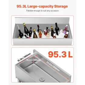 VEVOR Commercial Ice Bin, 95.3 L Underbar Ice Bin, 35.9 x 19 x 37 in Stainless Steel Ice Chest with Sliding Lid, Bottle Holders,