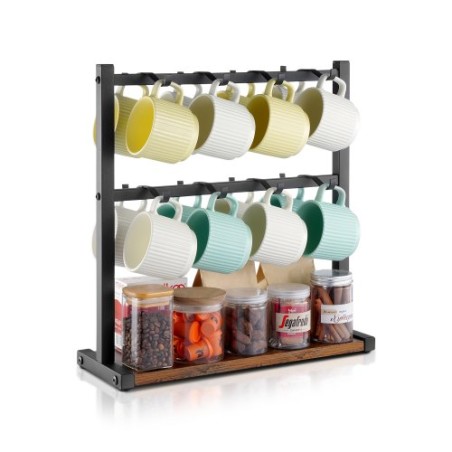 Kaffekrus Holder til bordplade 16 Hooks Cup Rack med træopbevaringsbase