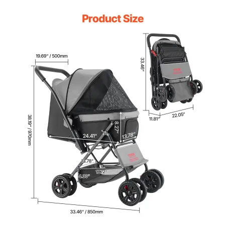 Pet Stroller, 44 lbs Weight Capacity, Foldable Dog Stroller Cart, 4 Wheels Cats Stroller with Mesh Windows & Revrsible Handle, P