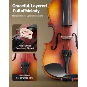 Violin 355mm Full Size for Adults, Violin Fiddle Set for Beginners with Hard Case, Rosin, Bow, Shoulder Rest, Bridge, Tuner and 