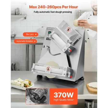 VEVOR Pizza Dough Roller Sheeter, 3-14 Inch Automatic Stainless Steel Pizza Press, Commercial Electric 370W Pasta Maker Machine,