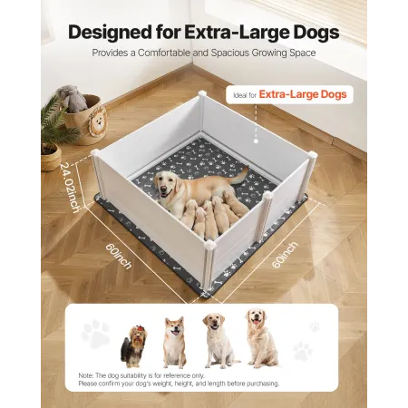 Dogs Whelping Box, 60 x 60 x 24 inch, Plastic PVC Puppies Playpen with Height Adjustable Door and Washable Pee Pad, Anti-Deforma
