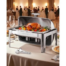9Qt Rectangle Roll Top Chafing Dish Set with Full-Size Pan Stainless Steel