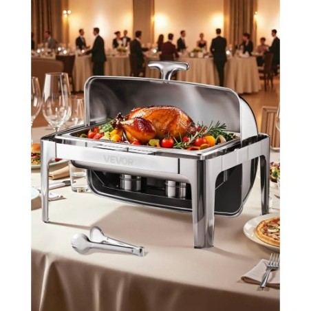 9Qt Rectangle Roll Top Chafing Dish Set with Full-Size Pan Stainless Steel