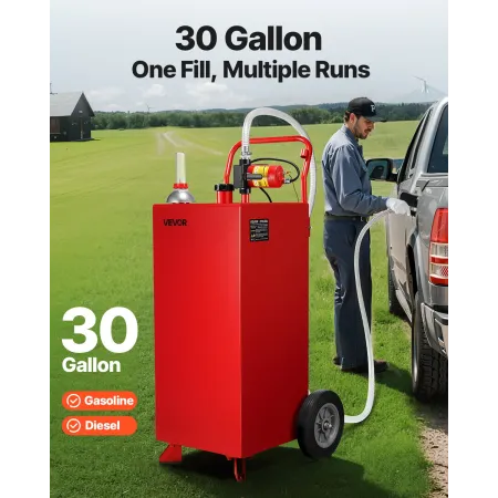 30 Gallon Fuel Caddy, Max Flow 32L/min, Gasoline & Diesel Fuel Tank with Electric Pump, Portable Fuel Storage Tank with 2 Wheels