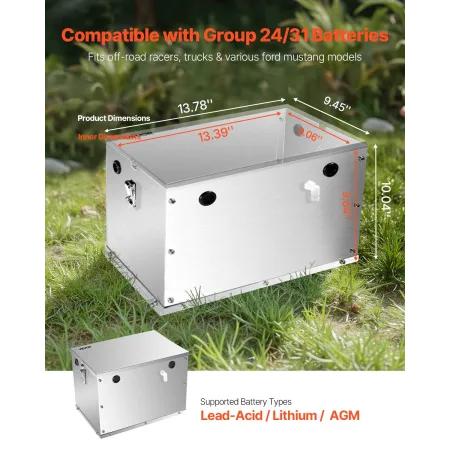 Battery Box, Group 24/31 Trolling Motor Battery Box, Marine Batteries Case with Rubber-Grommet Cable Holes, Aluminum Alloy Shell