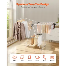 VEVOR Clothes Drying Rack, 2-Tier Foldable Laundry Dryer Rack with Sock Clips & 21 Drying Rods, Metal Height Adjustable Drying R