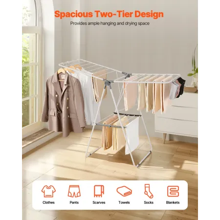Clothes Drying Rack, 2-Tier Foldable Laundry Dryer Rack with Sock Clips & 21 Drying Rods, Metal Height Adjustable Drying Racks f