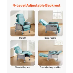 Geri Chair Recliner, 4-Position Reclining Geri Chair, Trendelenburg Medical Recliner Chair with 4 Wheels, Soft Padded Seat & 2 T