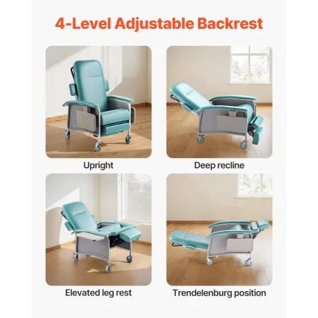 Geri Chair Recliner, 4-Position Reclining Geri Chair, Trendelenburg Medical Recliner Chair with 4 Wheels, Soft Padded Seat & 2 T