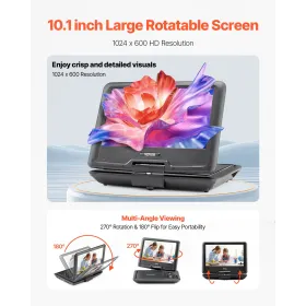 Portable DVD Player, 10.1 inch HD Swivel Display Screen, 4 Hours Built-in Rechargeable Battery, Dual Speakers, Support Sync TV/U