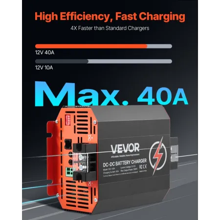 12V 40A DC to DC Battery Charger, 500W, On-Board Battery Charger for Lead-Acid, Lithium, AGM, GEL, and Flooded Batteries, Smart 