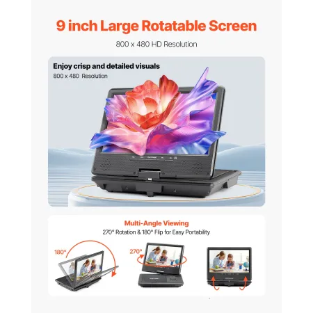 Portable DVD Player, 9 inch HD Swivel Display Screen, 4 Hours Built-in Rechargeable Battery, Dual Speakers, Support Sync TV/USB/