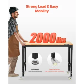 VEVOR 1219 mm Adjustable Workbench, 907 kg Load, Work Bench with Power Outlet, Wheels, and Pegboard, Heavy Duty Oak Wood Top Wor