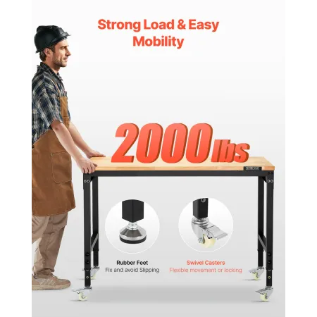 VEVOR 1219 mm Adjustable Workbench, 907 kg Load, Work Bench with Power Outlet, Wheels, and Pegboard, Heavy Duty Oak Wood Top Wor