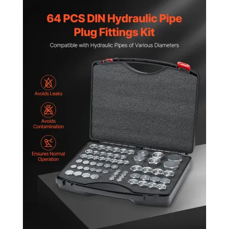 VEVOR 64 STK DIN hydrauliske fittings, Heavy Duty Master Industrial hydraulisk hætte og stik, slangerør og rørfittingssæt,