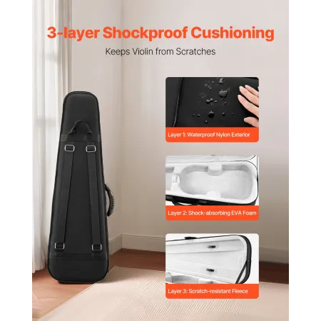VEVOR 4/4 Full Size Violin Case, Nylon Waterproof, Lightweight Portable Travel Carrying Bag, with Plush Lining, Dual Shoulder St