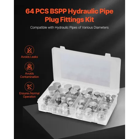 64 STK BSPP hydrauliske fittings, hydraulisk hætte og stiksæt