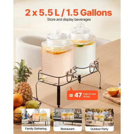 VEVOR drikkevaredispenser, 2 pakke 5,5 l drikkevareautomater til fester, glasjuicedispenser med metalstativ, rustfri stålspind