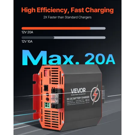 12V 20A DC to DC Battery Charger, 250W, On-Board Battery Charger for Lead-Acid, Lithium, AGM, GEL, and Flooded Batteries, Smart 