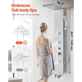 Shower Panel Tower System with Rainfall Waterfall Shower Head, 53 in Brushed Stainless Steel Shower Column, 5-Function Faucet, W