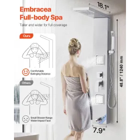 VEVOR Shower Panel Tower System with Rainfall Waterfall Shower Head, 53 in Brushed Stainless Steel Shower Column, 5-Function Fau