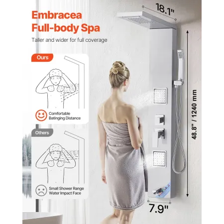 Shower Panel Tower System with Rainfall Waterfall Shower Head, 53 in Brushed Stainless Steel Shower Column, 5-Function Faucet, W
