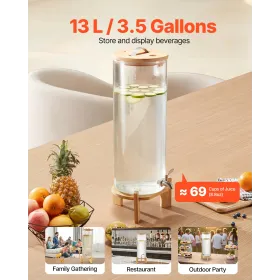 VEVOR Beverage Dispenser, 13L Drink Dispensers for Parties, Glass Juice Dispenser with Wood Stand, Stainless Steel Spigot, Iced 