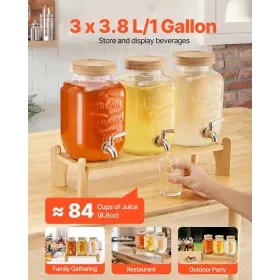 Beverage Dispenser, 3 Pack 3.8L Drink Dispensers for Parties, Glass Juice Dispenser with Wood Stand, Stainless Steel Spigot, Inf