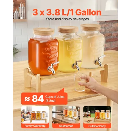 VEVOR Drikkevareautomat, 3-pak 3,8L drikkevareautomater til fester, Juicedispenser i glas med træstativ, Spigo i rustfrit stål