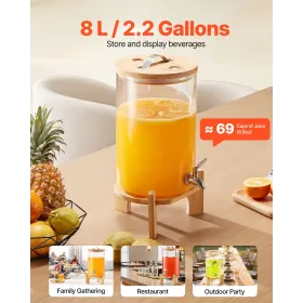 VEVOR Drikkevareautomat, 8L drikkevareautomater til fester, Juicedispenser i glas med træstativ, Rustfri ståltap, Iced T