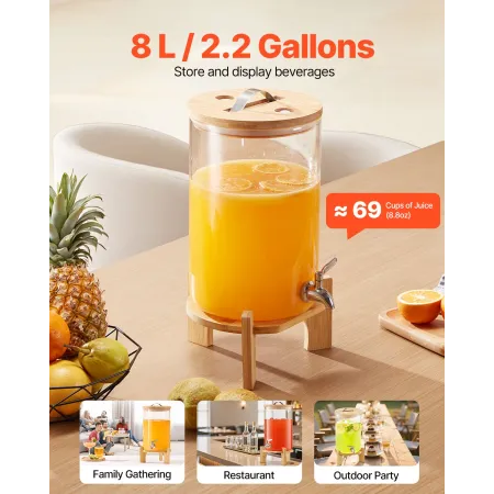 Beverage Dispenser, 8L Drink Dispensers for Parties, Glass Juice Dispenser with Wood Stand, Stainless Steel Spigot, Iced Tea Lem