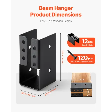 VEVOR Concealed Joist Hanger, 2x4 Inch Outdoor Concealed-Flange Joist Bracket with Screws, Steel Light Joist Hangers for 1.93 x 